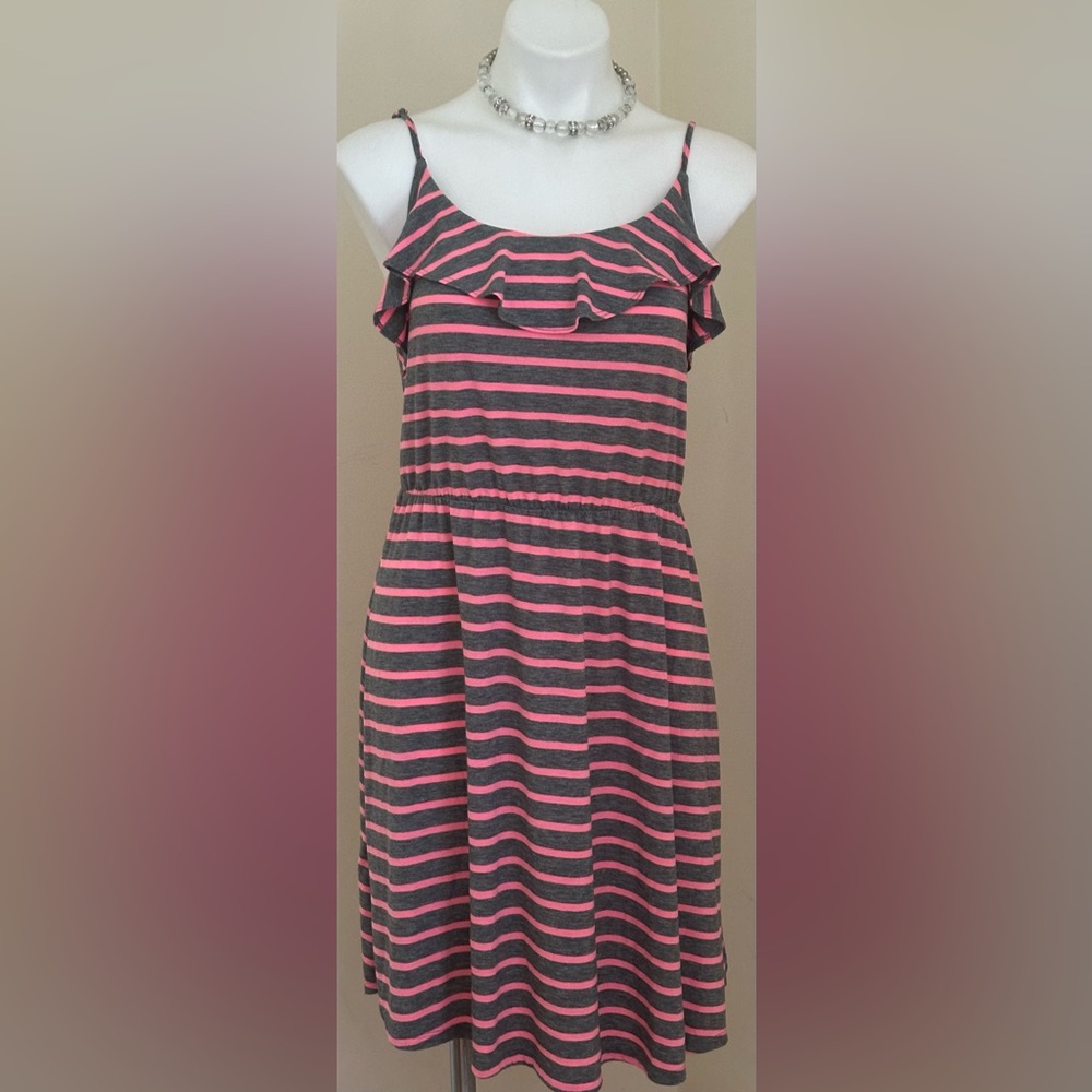 MOSSIMO Gray & Pink Striped Adjustable Straps Elastic Waist T Shirt Dress Sz L